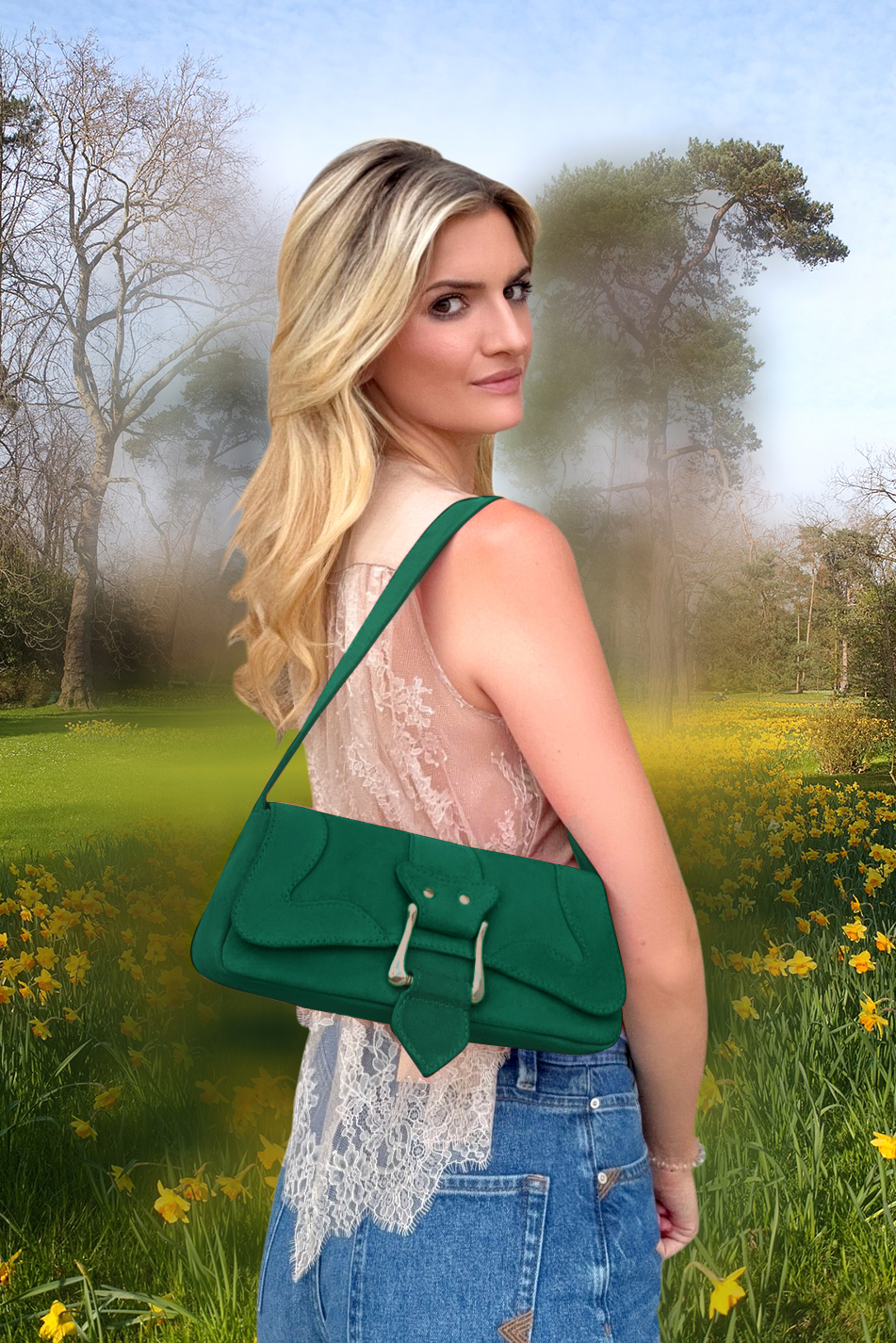 Emerald green women's dress handbag, matching pumps and belts. Top view - Florence KOOIJMAN